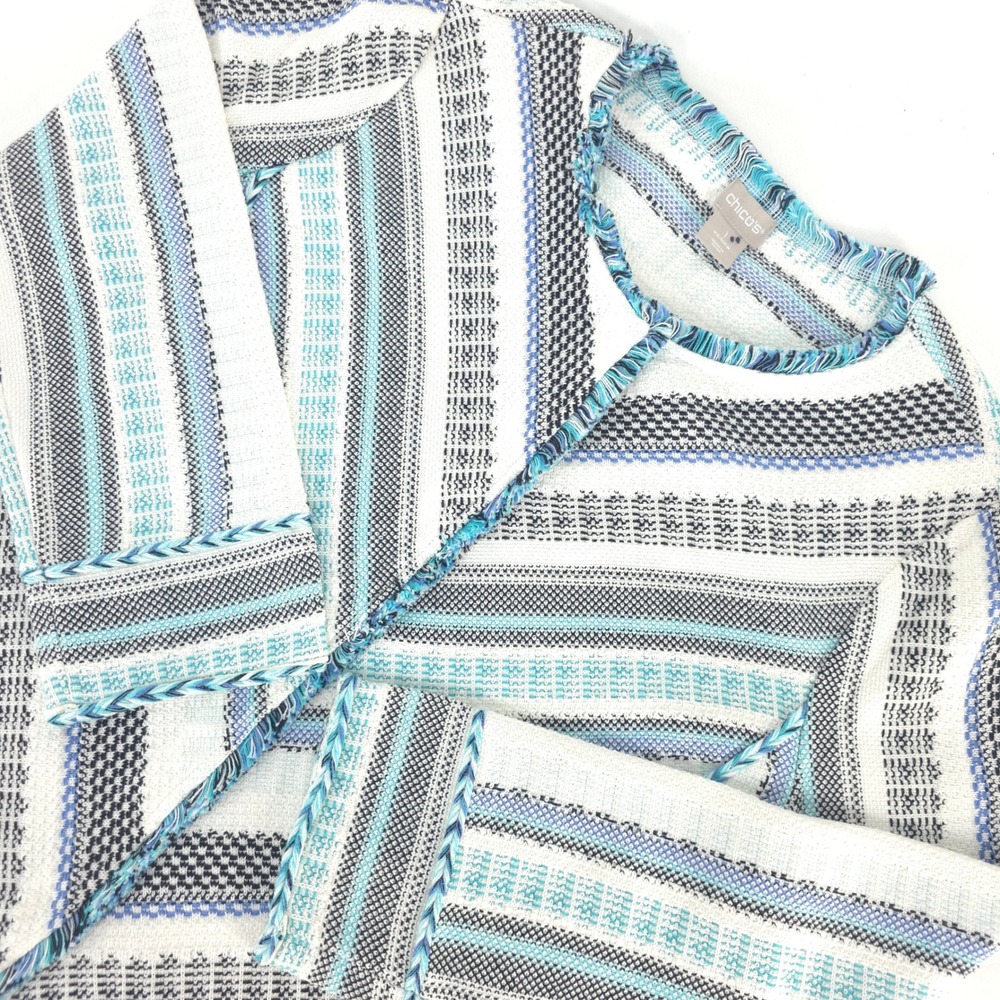 Chico's Fringe Stripe Jacket Women's Medium Woven Preppy Textured Lagenlook Cozy